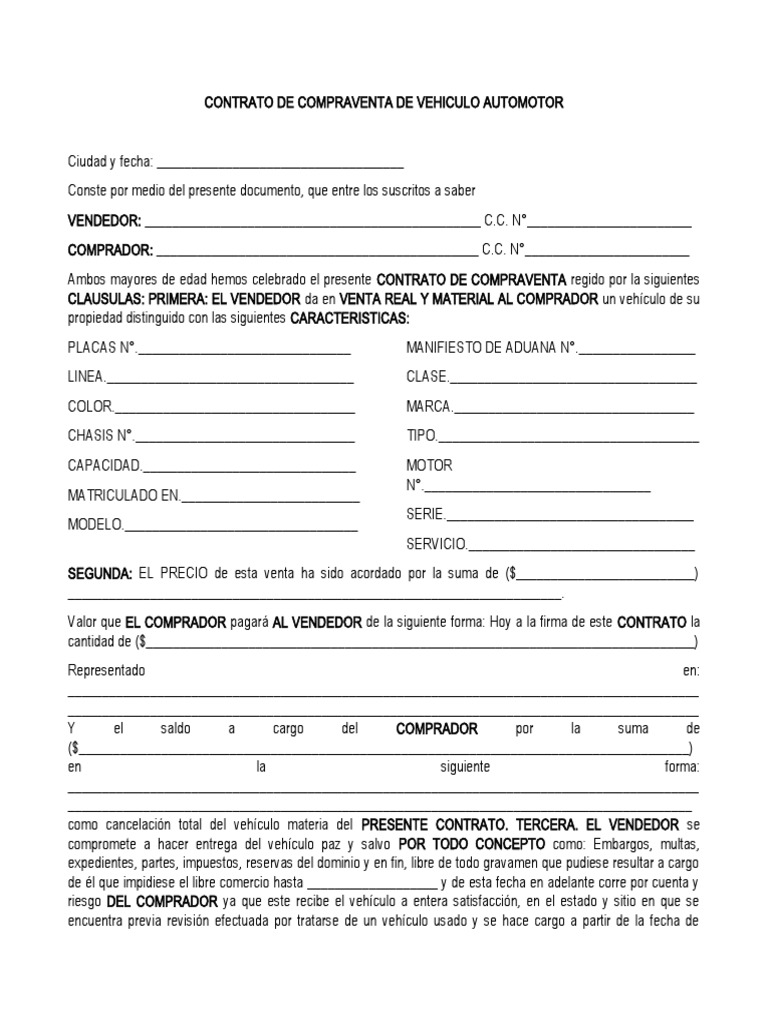 Minuta Contrato de Compraventa de Vehiculo Automotor | PDF | Derecho ...