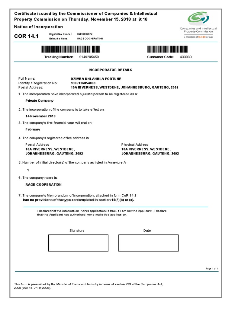 Rage Cooperation Incorporation Notice | PDF