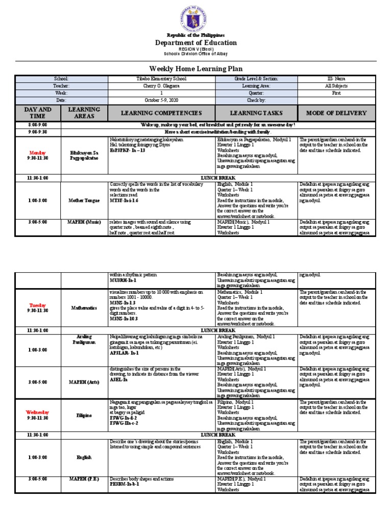 Grade 3 Weekly Home Learning Plan | PDF | Learning | Cognition