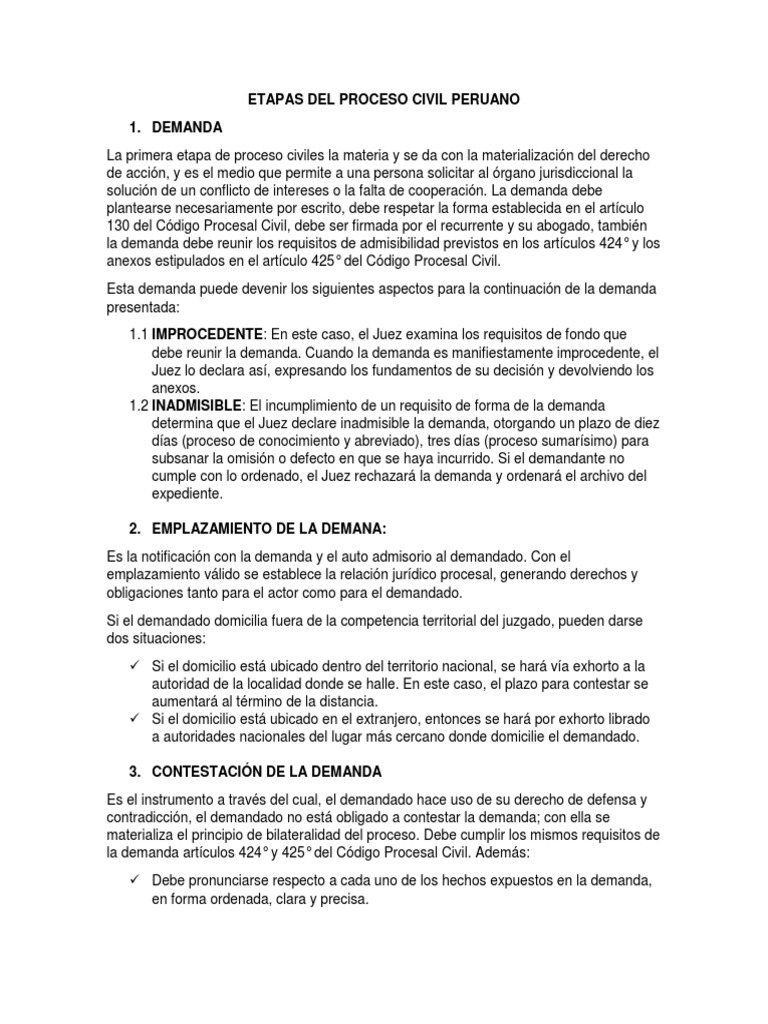 Etapas Del Proceso Civil Peruano Pdf Demanda Judicial Ley Procesal