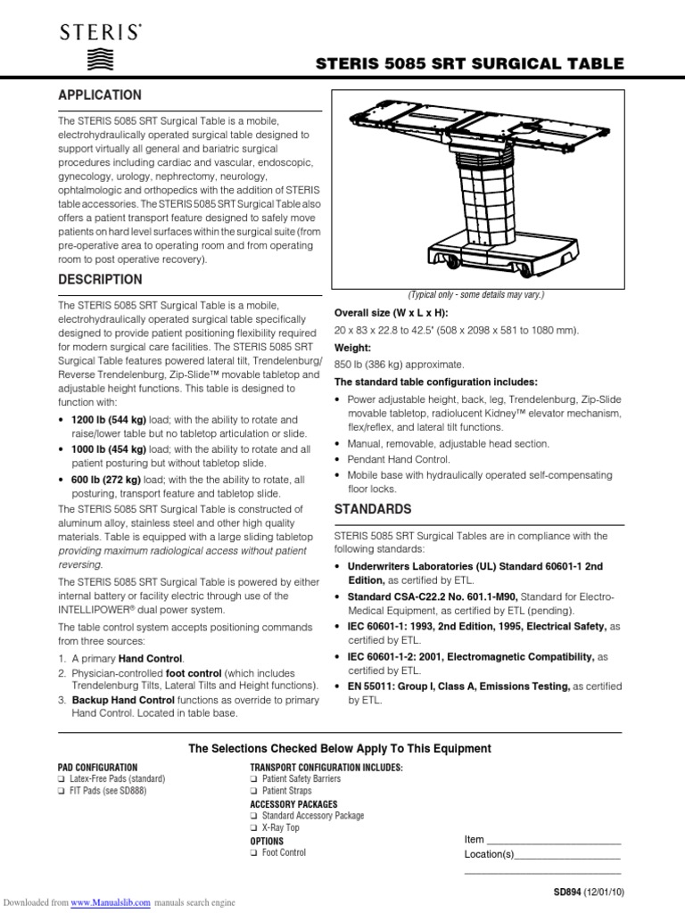 Steris 5085 SRT Surgical Table Application PDF
