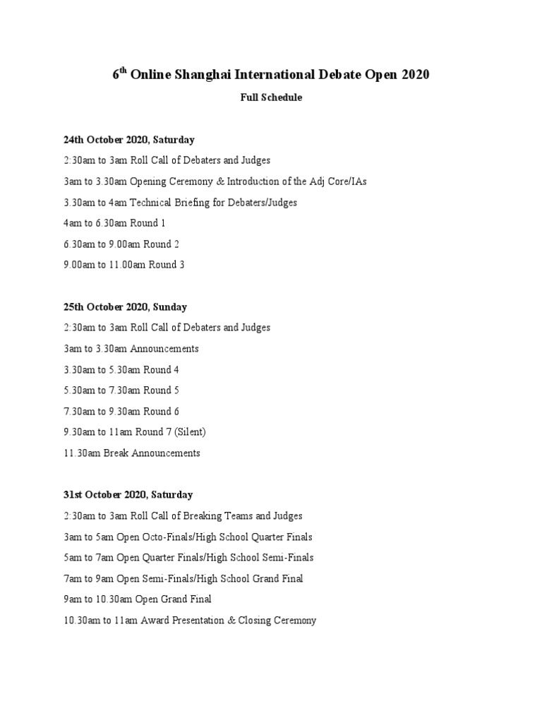 6th Online Shanghai International Debate Open 2020 Schedule PDF Home & Garden Technology