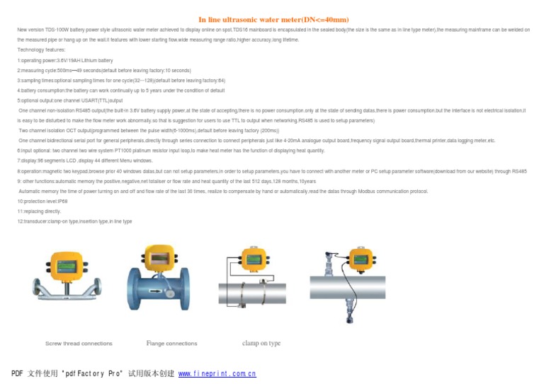 Ultrasonic Water Meter TDS-100W Features | PDF | Flow Measurement ...