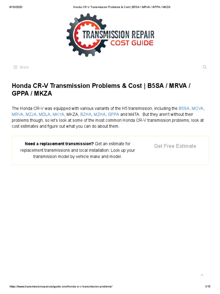 Honda Cr V Transmission Problems Cost B5sa Mrva Gppa Mkza Automatic Transmission Transmission Mechanics