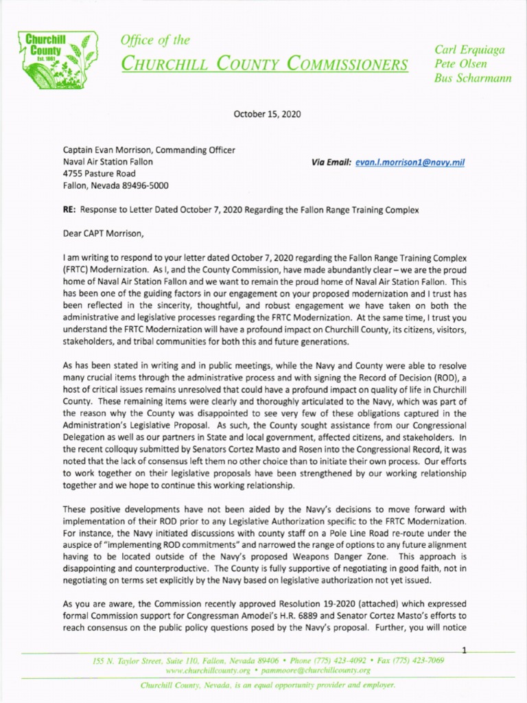 Letter To NAS Fallon Commanding Officer Captain Evan Morrison Regarding ...