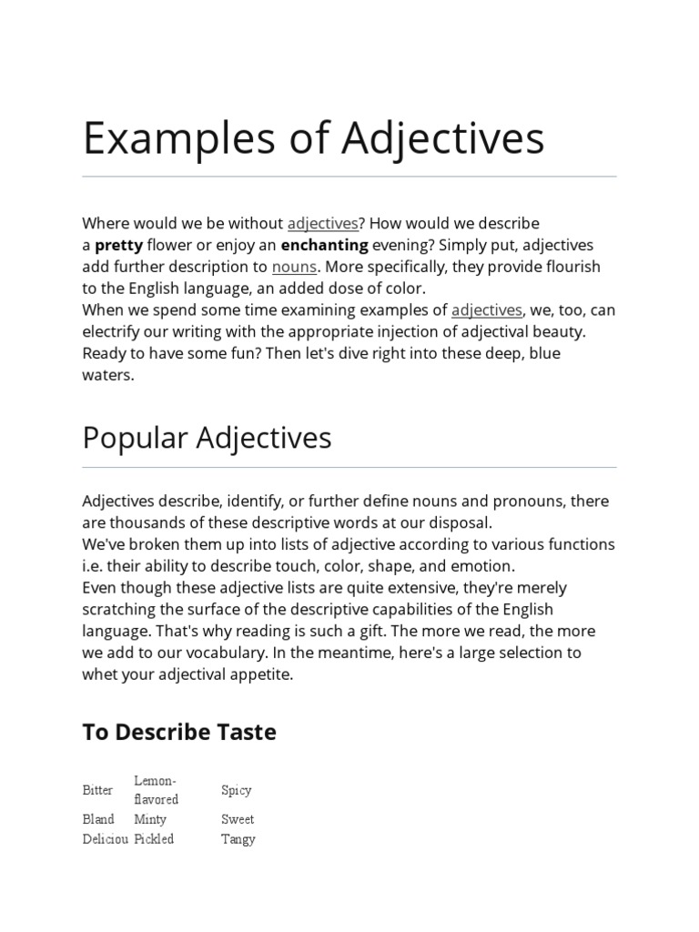Comprehensive Adjective Examples | PDF | Taste | Adjective