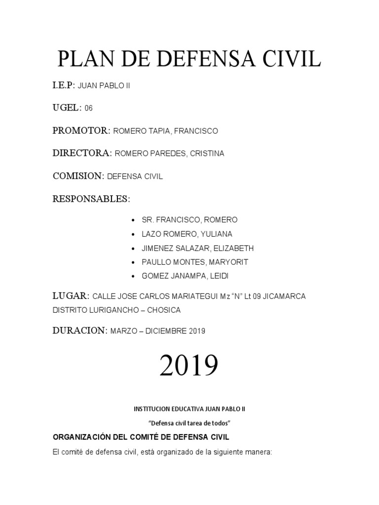 Plan de Defensa Civil Escolar 2019 | PDF | Salón de clases | Primeros ...