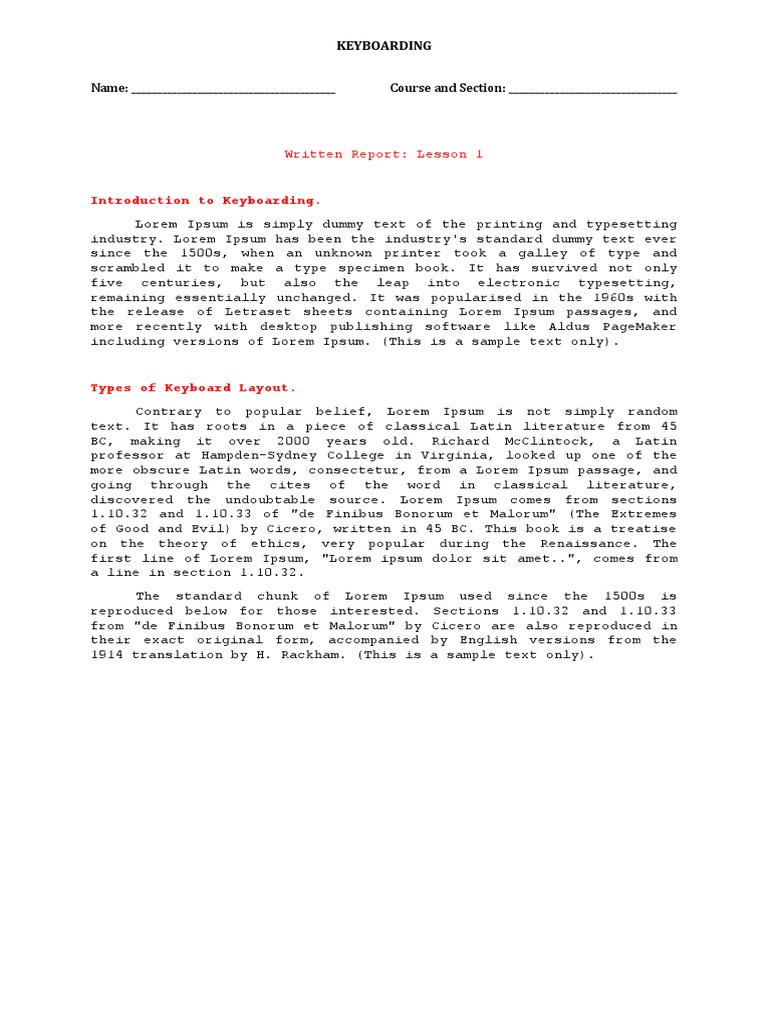Introduction To Keyboarding.: Written Report: Lesson 1 | PDF