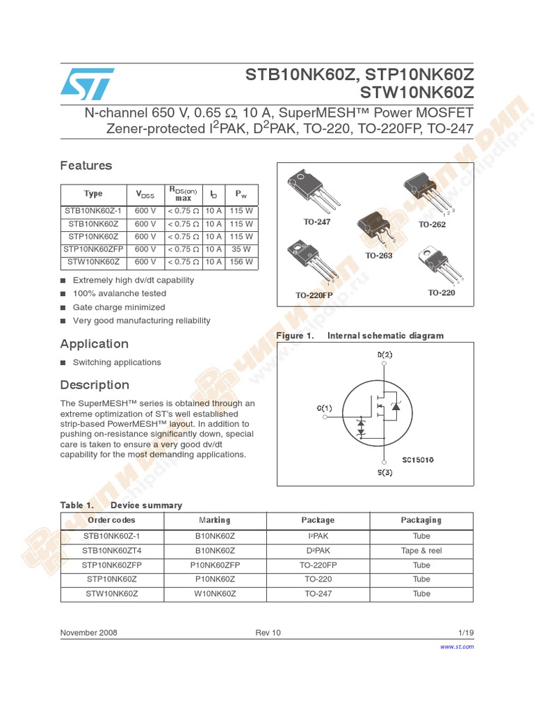 STB10NK60Z, STP10NK60Z STW10NK60Z | PDF | Diode | Electrical Network