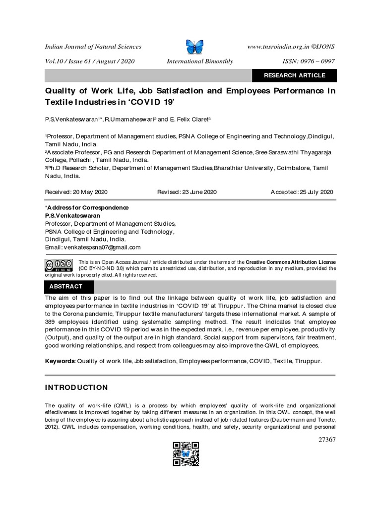 Quality of Work Life, Job Satisfaction | PDF | Job Satisfaction | Work ...