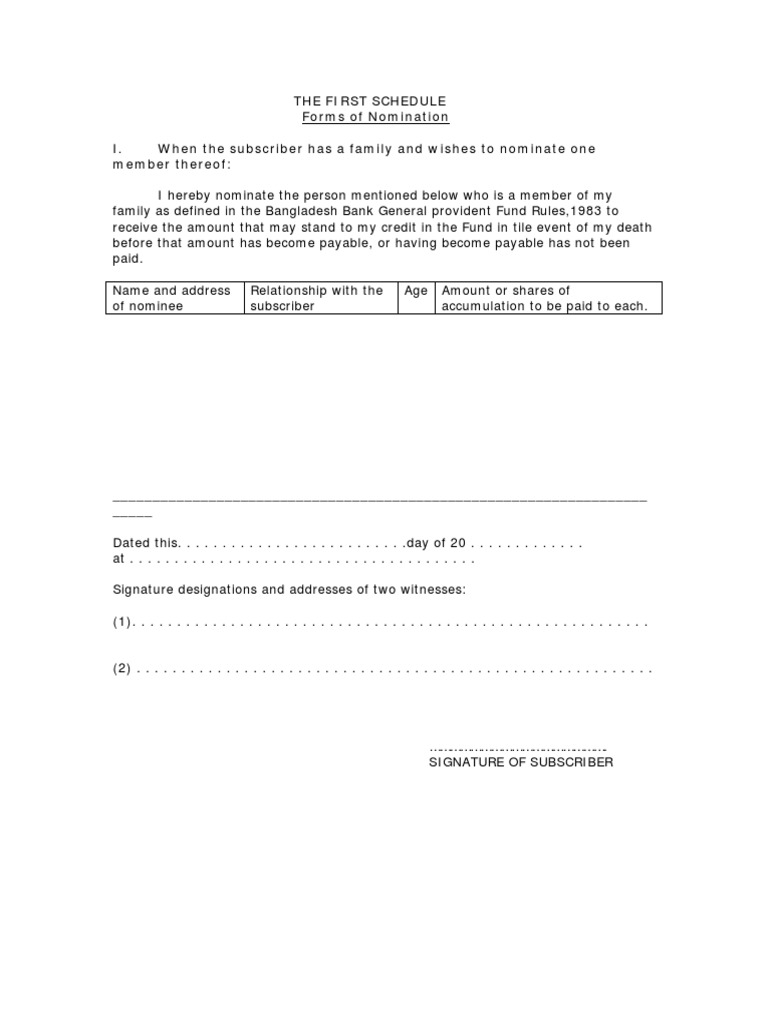 The First Schedule Forms of Nomination When The Subscriber Has A Family ...
