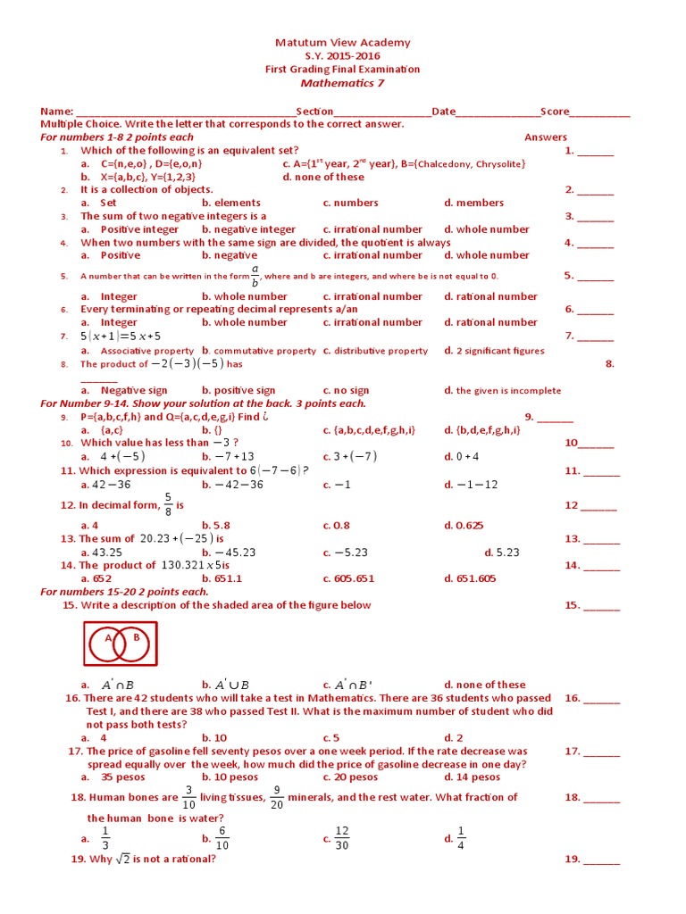 Mathematics 7 Final Examination | PDF | Numbers | Integer