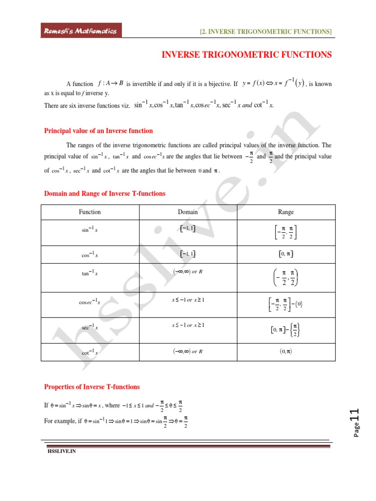 Inverse Trigonometric Functions: Remesh's Mathematics | PDF | Sine ...