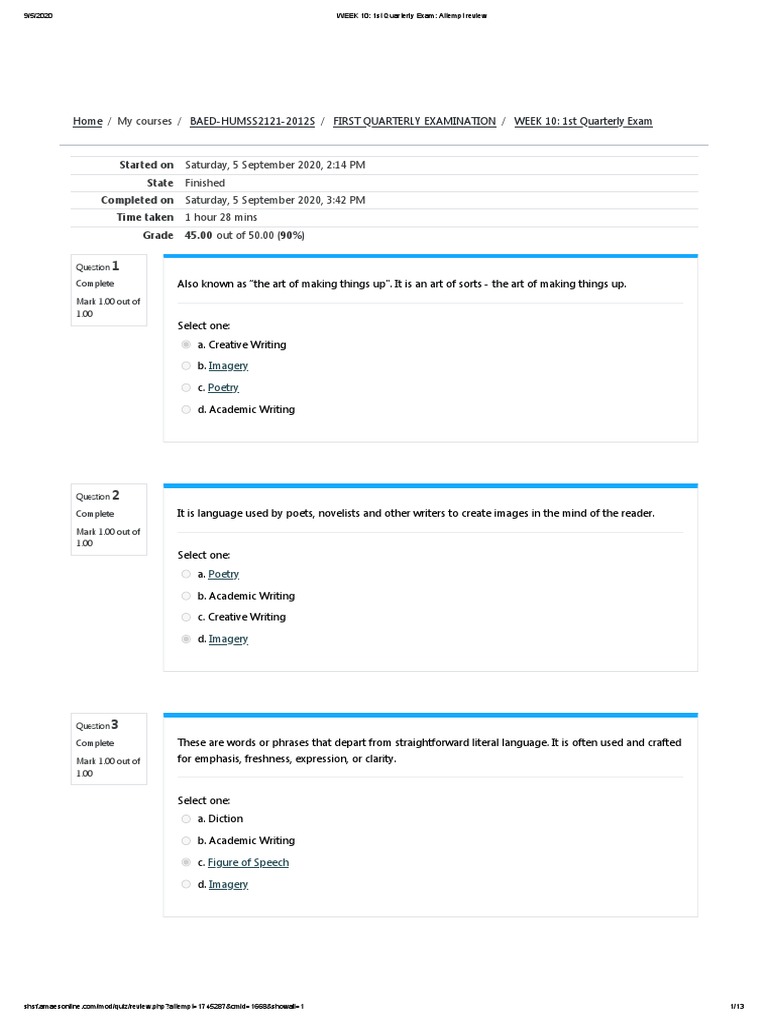CREATIVE WRITING WEEK 10 - 1st Quarterly Exam - Attempt Review 45 SCORE |  PDF | Poetry