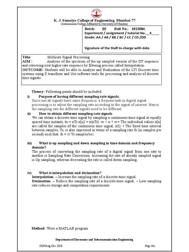 DSP Expt Multirate Signal Processing 2020 PDF Sampling (Signal