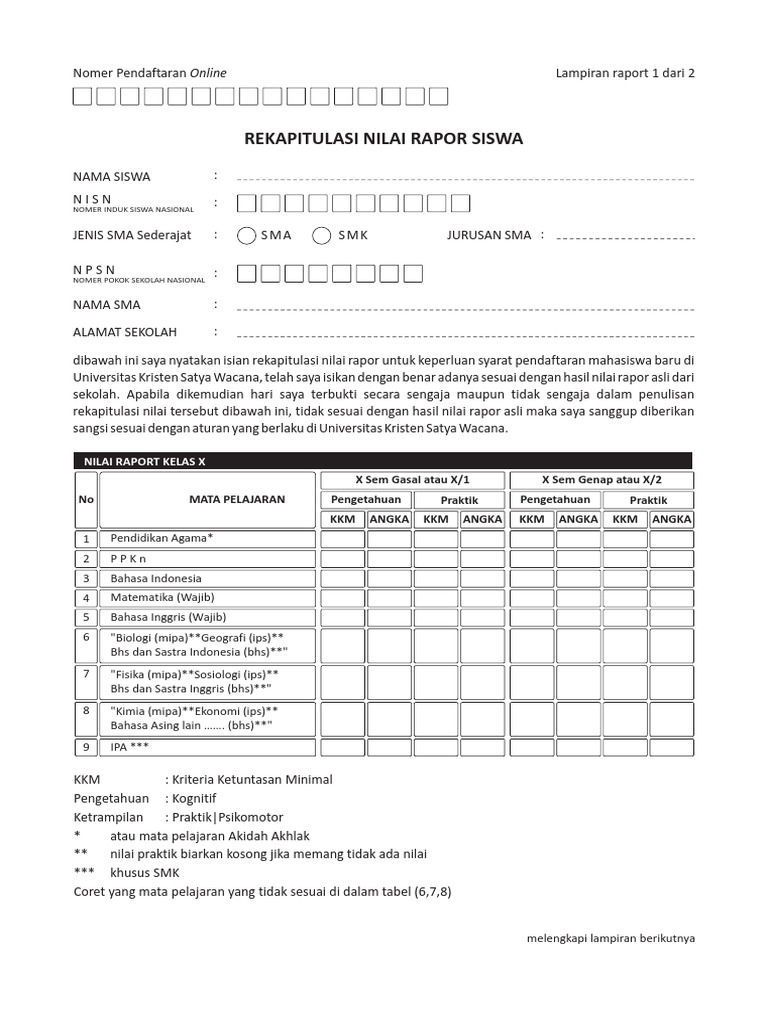 Formulir Nilai Rapor | PDF