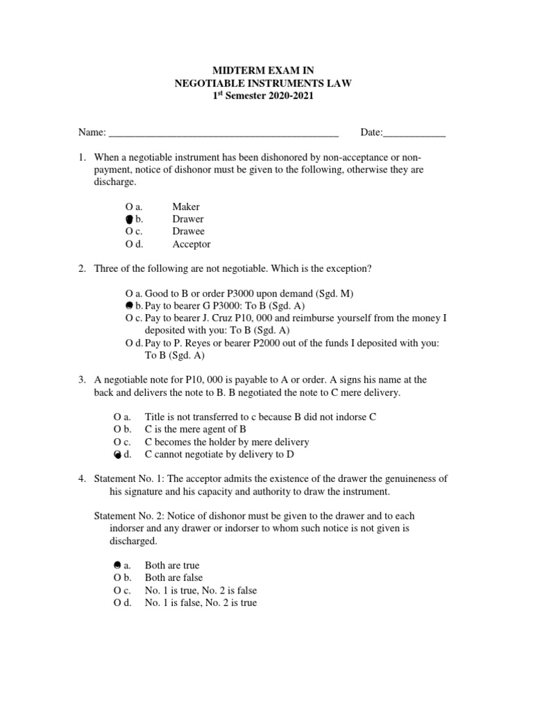 Midterm Exam: Negotiable Instruments Law | PDF | Government Information ...