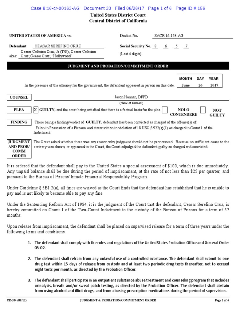 Judgment and Probation Order for Cruz | PDF | United States Federal ...