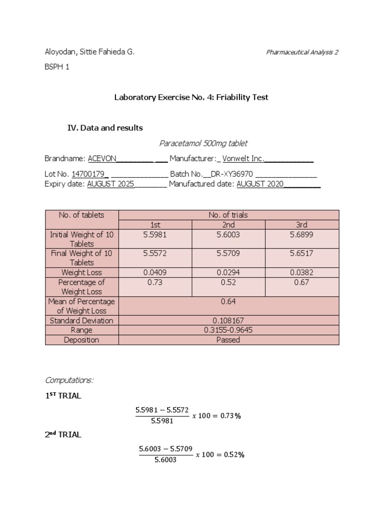 Friability Test Results | PDF | Tablet (Pharmacy) | Nature