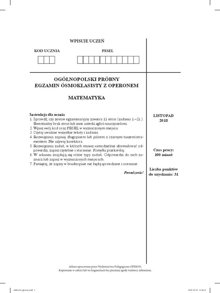 Próbny Egzamin ósmoklasisty Listopad 2018 Matematyka Odpowiedzi