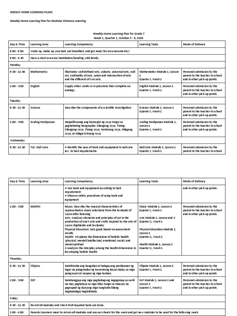 Grade 7 Weekly Home Learning Plans | PDF | Physical Education | Teachers