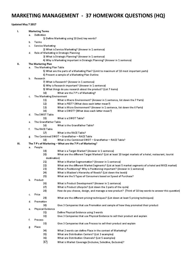 Marketing Management - 37 Homework Questions (HQ) : Updated May 7 2017 ...