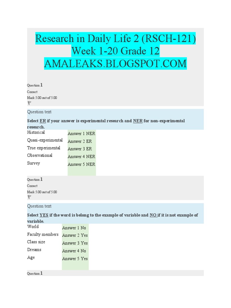 Research in Daily Life 2 RSCH 121 Week 1 20 PDF Question Theory 