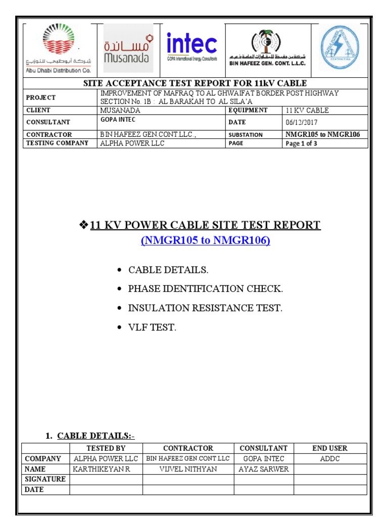 11 KV Power Cable Site Test Report: (NMGR105 To NMGR106) | PDF | Power ...