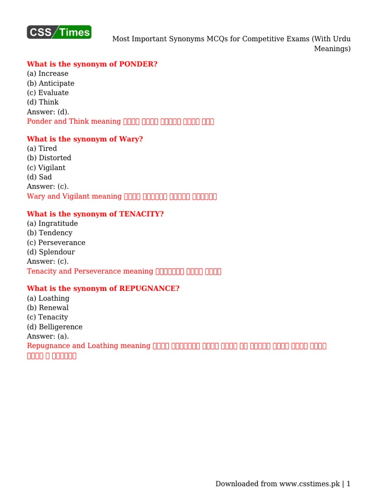 Most Important Synonyms MCQs For Competitive Exams (With Urdu Meanings