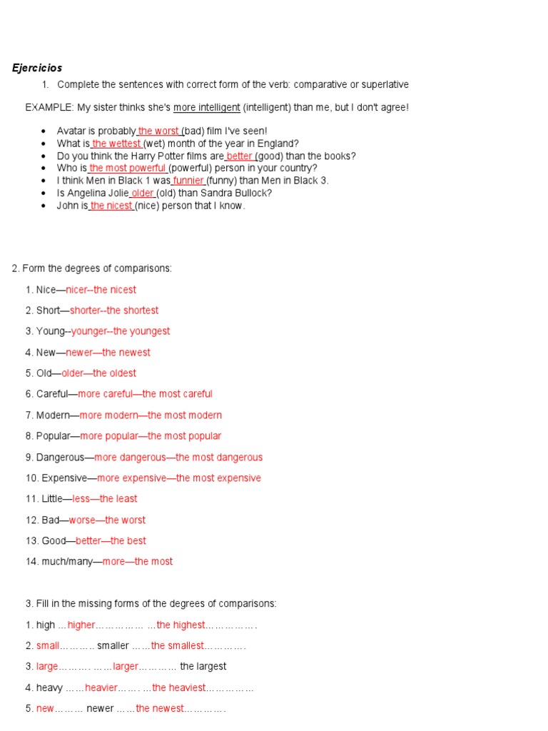 Ejercicios de Comparativos y Superlativos en Ingles (RESUELTOS) | PDF ...