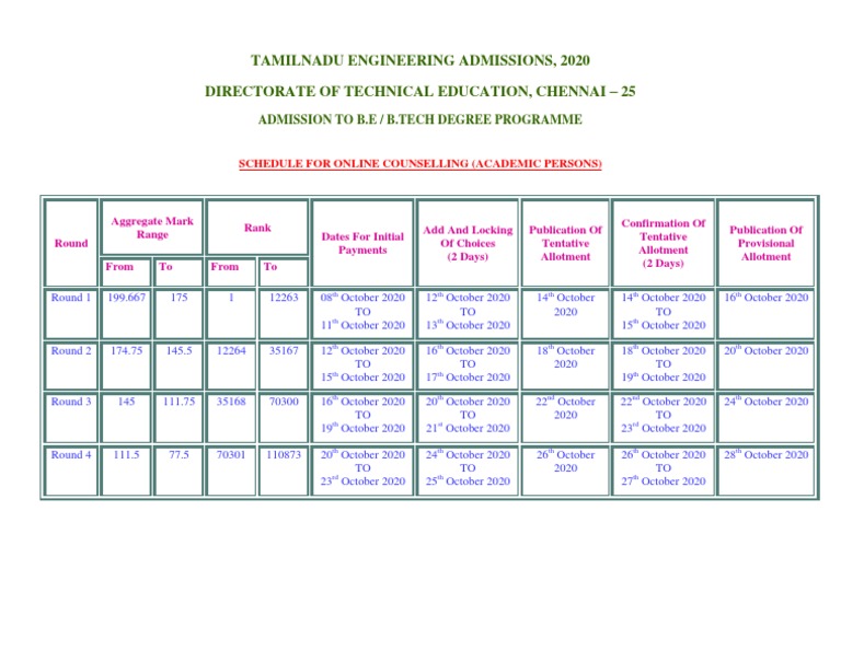 TNEA General Counselling Schedule PDF Sports