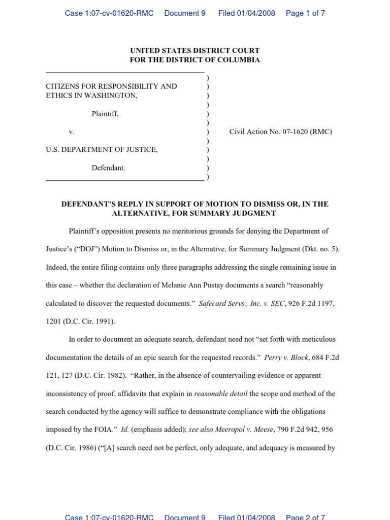 DOJ Motion to Dismiss CREW FOIA Case | PDF | Freedom Of Information Act ...