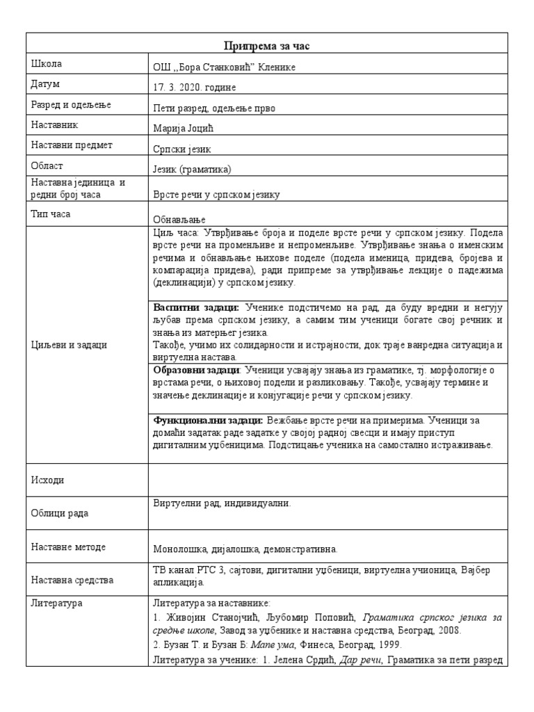 Припрема Врсте речи | PDF