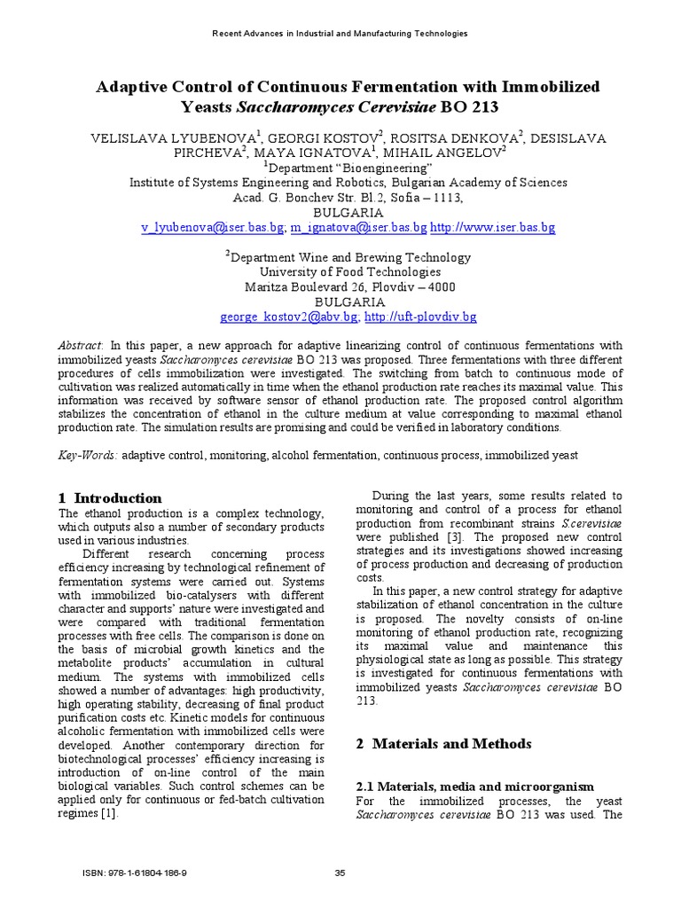 Adaptive Control Of Continuous Fermentation With Immobilized Yeast Fermentation