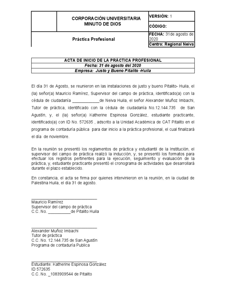 2 Acta de Inicio de La Práctica Profesional Uniminuto | PDF ...