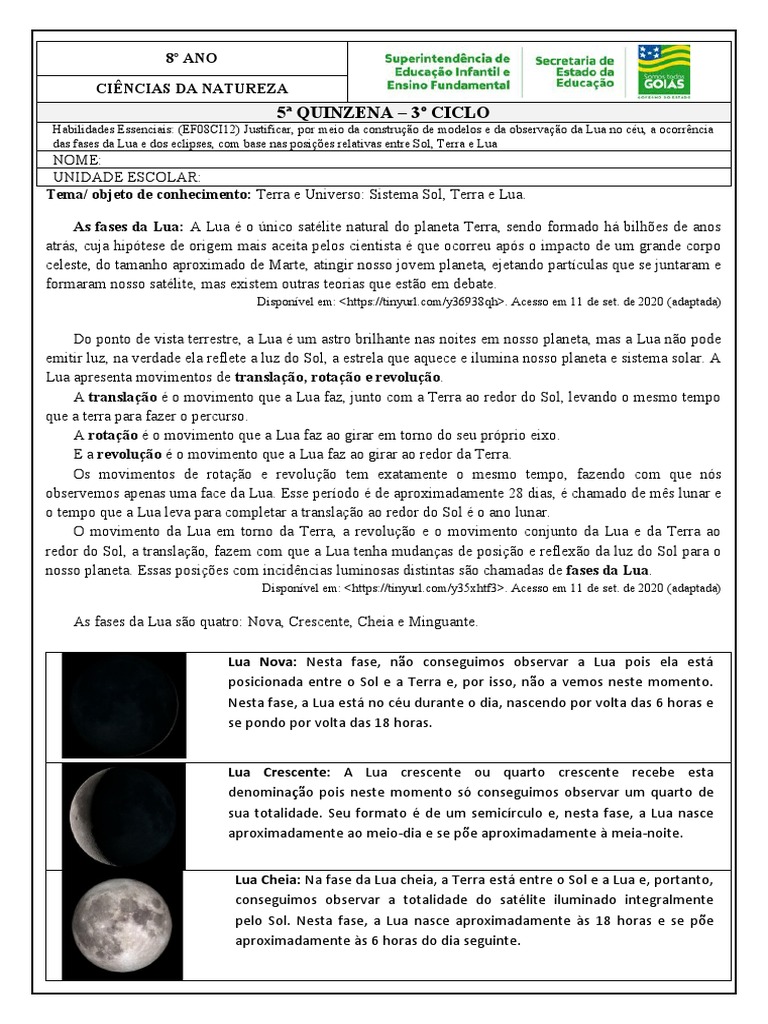 Fases da Lua e Eclipses: Atividades 8º Ano | PDF | Lua | Eclipse