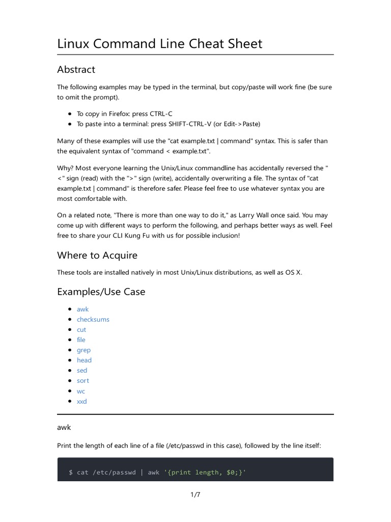 Linux Command Line Cheat Sheet: Awk Checksums Cut File Grep Head Sed ...