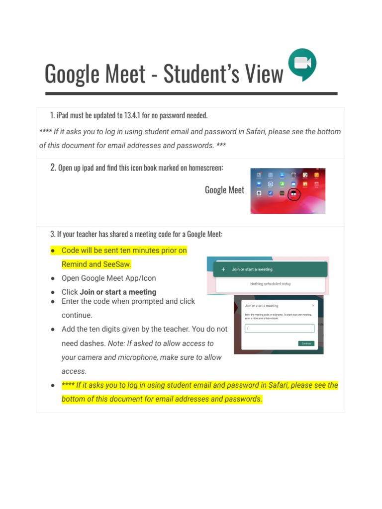 Google Meet Guide for Students | PDF | I Pad | Password