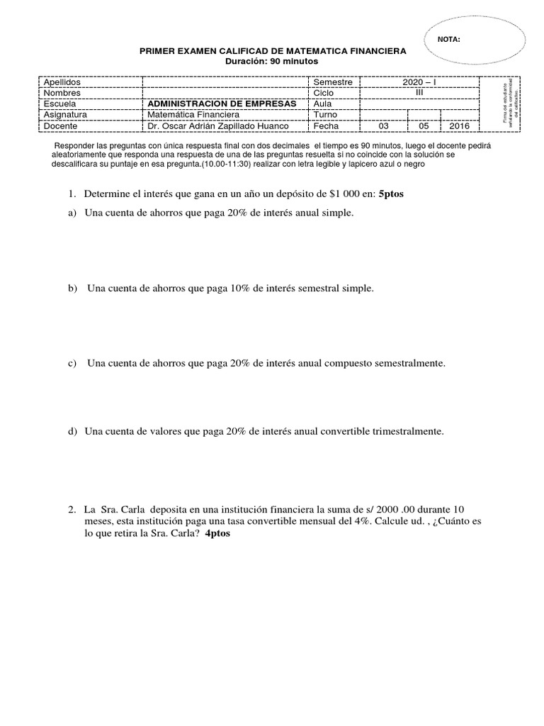 Examen de Matemática Financiera 2020-I | PDF | Finanzas Matemáticas ...