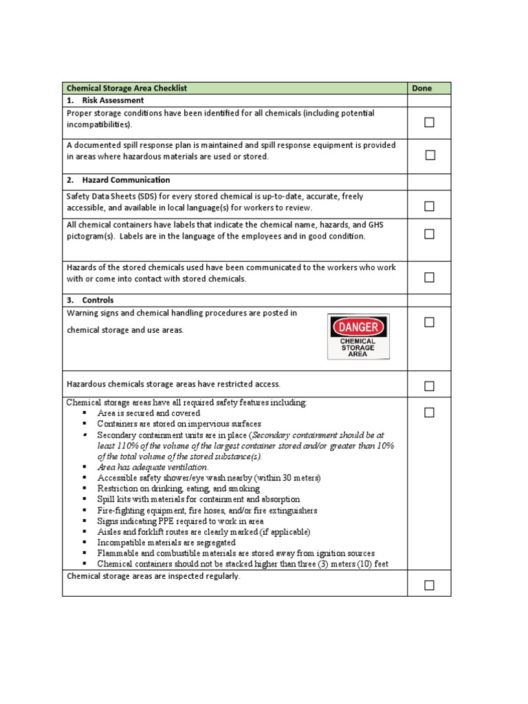 Chemical Storage Area Compliance Checklist | PDF | Safety | Prevention