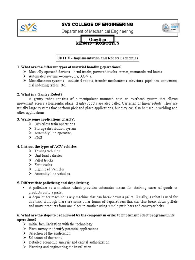 Robotics Unit5 Question Bank PDF Automation Robot