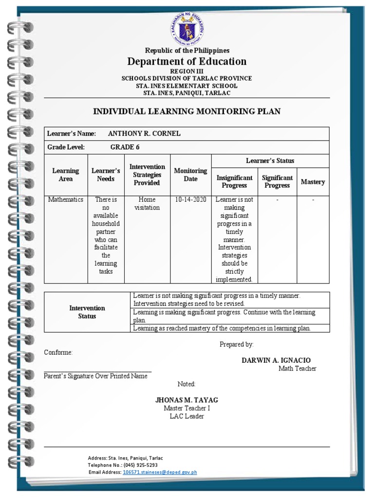 Individual Learning Plan for Grade 6 Student | PDF | Change | Behavior ...