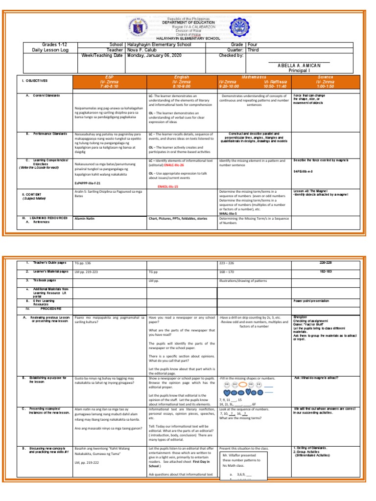Grade 4 Daily Lesson Log Overview | PDF | Differentiated Instruction ...