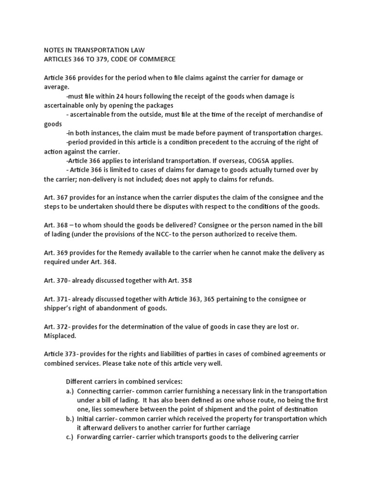 Transportation Law: Articles 366-379 Overview | PDF | Consignee | Cargo
