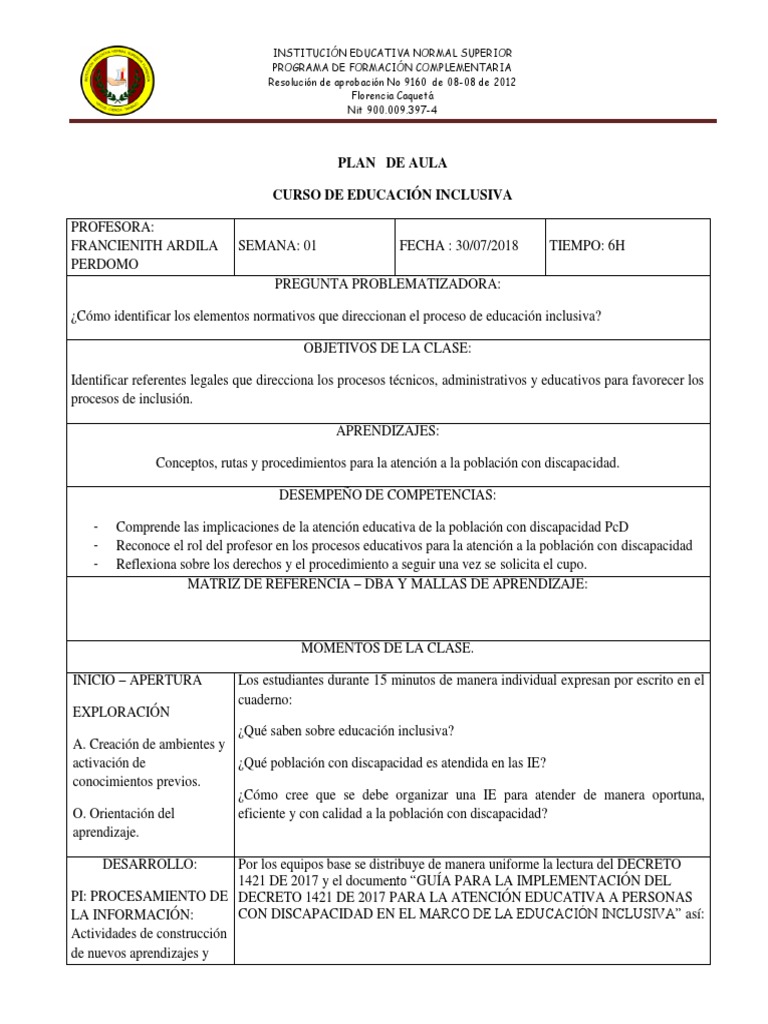 Plan de Aula INCLUSION Y MEF IIISEM | PDF | Invalidez | Maestros
