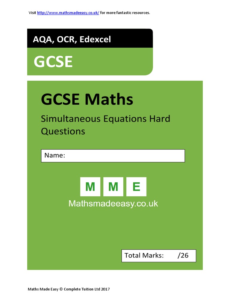 GCSE Maths: Simultaneous Equations Hard Questions | PDF