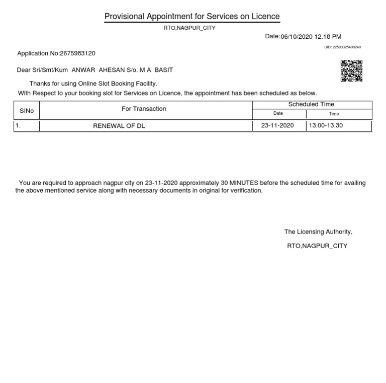 Provisional Appointment Notice for Renewal of Driving License on