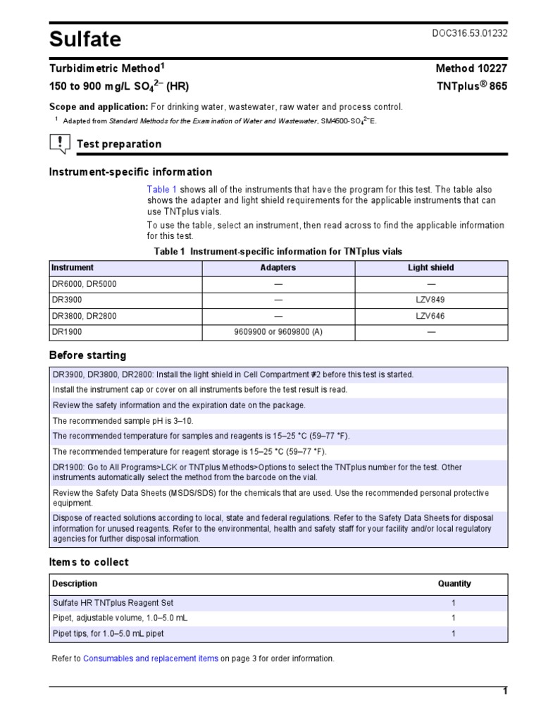Sulfate Turbidimetric Method Method 10227 150 To 900 MG/L So (HR