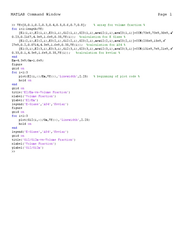 MATLAB Command Window: % Array For Volume Fraction % | PDF