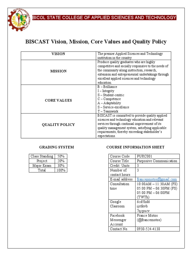BISCAST Vision, Mission, Core Values and Quality Policy: Bicol State ...